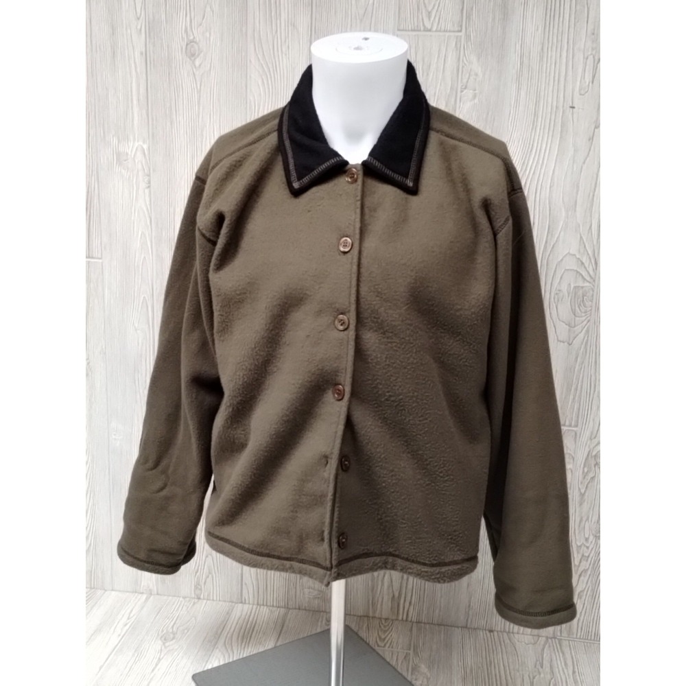 Lee Women's Green Button Up‎ Sweater Jacket Large Long Sleeve Black Collar Barn